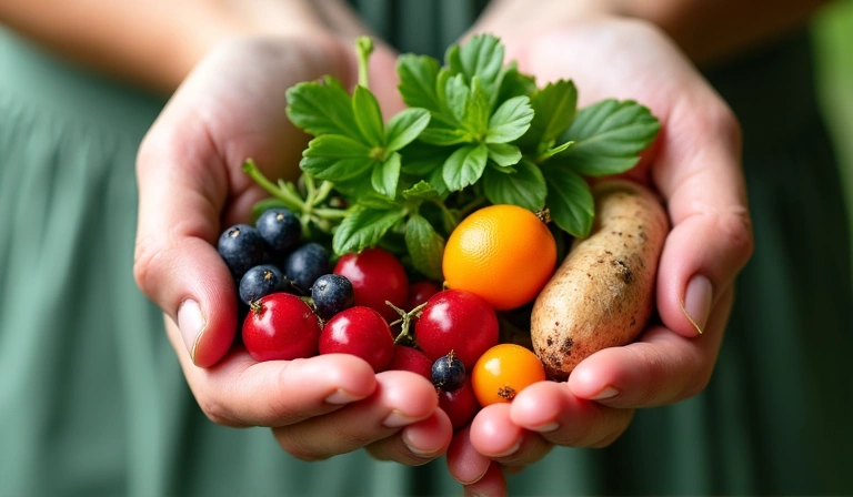 Hands holding natural ingredients like herbs and berries