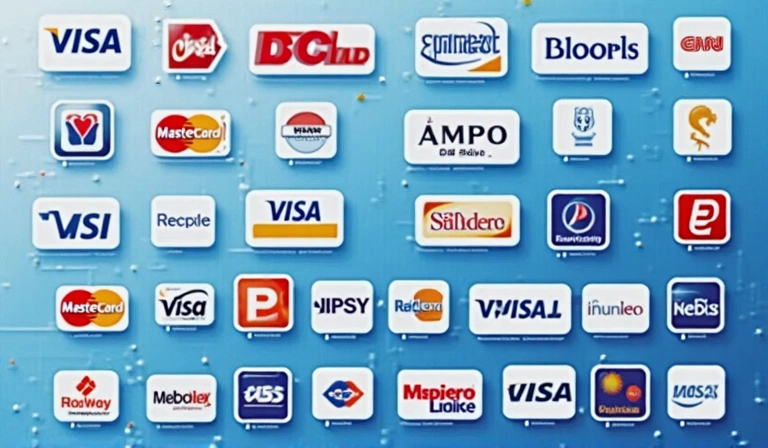 Various payment method icons like Visa, Mastercard, and online banking logos