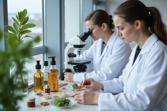 Naukowcy badający składniki roślinne w laboratorium, symbolizujący proces kontroli jakości