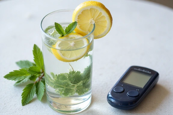 Szklanka wody z cytryną i świeżymi ziołami, obok miarka glukozy, symbolizująca równowagę metaboliczną.
